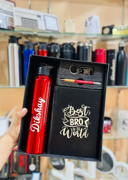 4 in 1 Premium Corporate Gift Set | 1000ml Steel Bottle + Metal Pen + Double Side Printed Keychain + A5 Diary | Gift Box Packing thumbnail 2