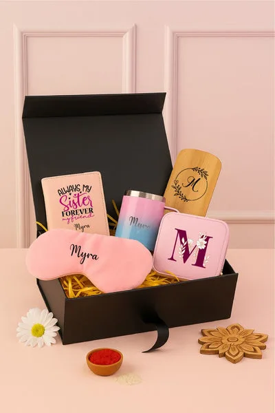 Personalised Raksha Bandhan Gift Hamper for Sister | Custom Name Mug, Pouch, Passport Cover & Eye Mask Combo thumbnail 2
