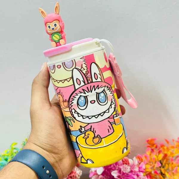 Labubu Theme 400ml Stainless Steel Insulated Coffee Mug with Lid & Hanging Belt | Inside-Out Steel | Compact Travel Mug thumbnail 3