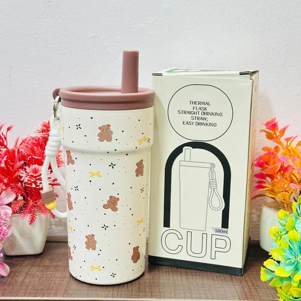 500 ML Cute Insulated Stainless Steel Tumbler with Straw & Keychain  Leak-Proof Pastel Travel Cup thumbnail 2