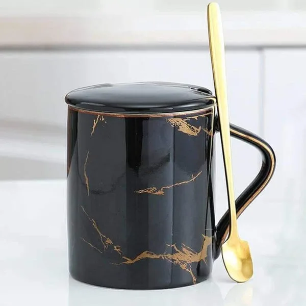 Black Thunder Effect Ceramic Coffee Mug with lid and Spoon thumbnail 2