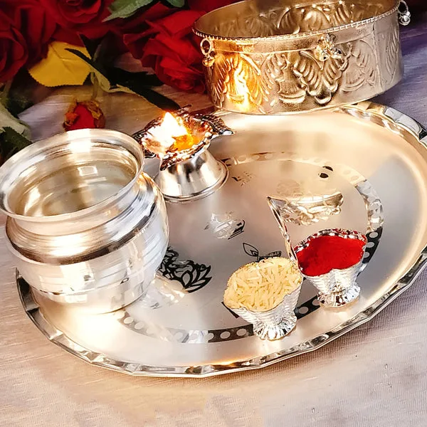 Karwa Chauth & Teej Puja Combo Set – German Silver | 5-in-1 Premium Puja Thali Set thumbnail 2