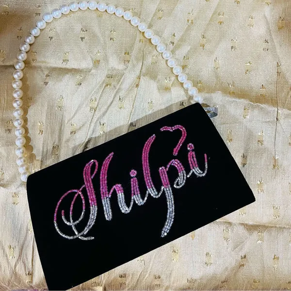 Personalized Handcrafted Name Clutch with Beaded Embroidery & Pearl Handle thumbnail 3