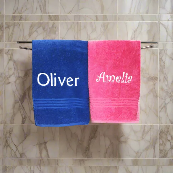Personalised Blue & Pink Towels Set | Pack of 2 Custom Name Cotton Bath Towels thumbnail 1