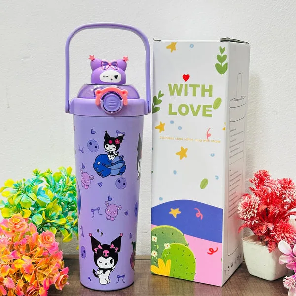 Kuromi Theme Insulated Stainless Steel Tumbler | 700 ML Leak-Proof Sipper with Handle | 3D Print Cute Bottle thumbnail 3