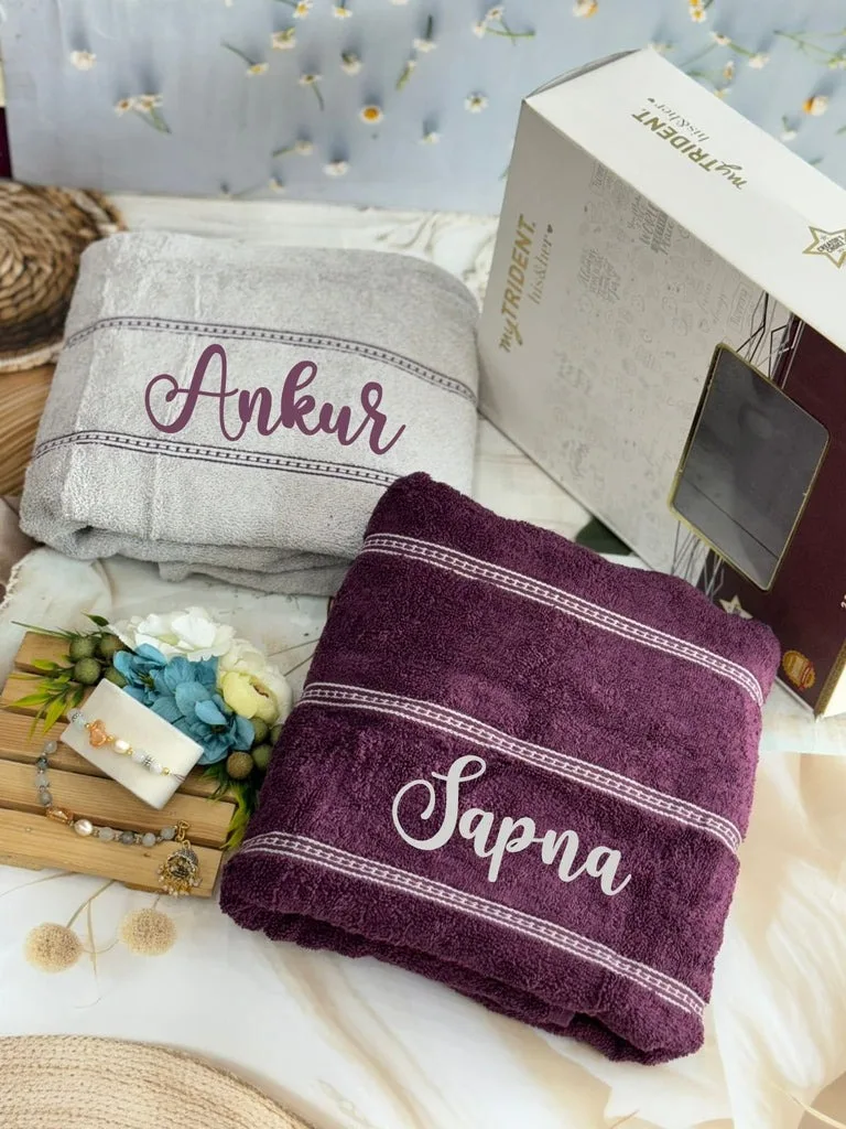Premium Personalised Embroidered Trident Couple Towel Set with Rakhi | 100% Cotton | Luxury Box Packaging thumbnail 1