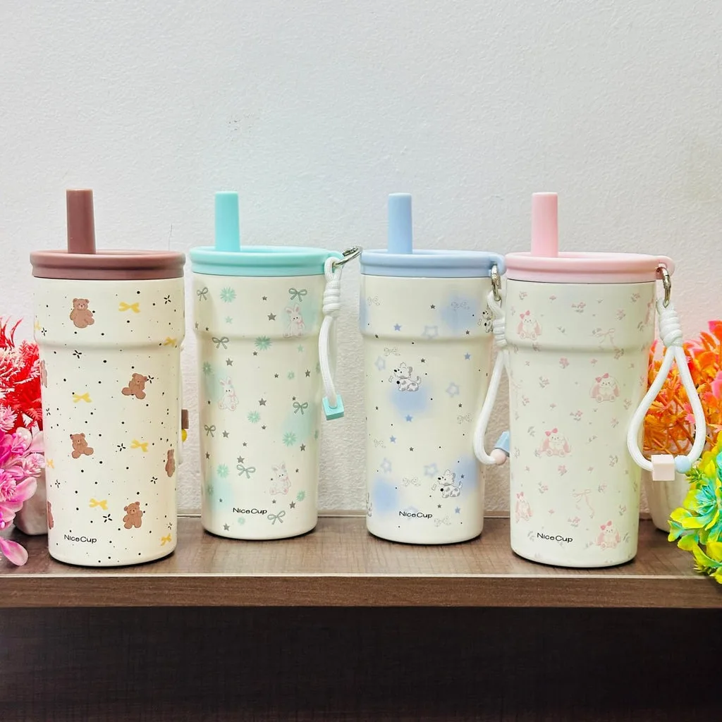 500 ML Cute Insulated Stainless Steel Tumbler with Straw & Keychain  Leak-Proof Pastel Travel Cup thumbnail 1