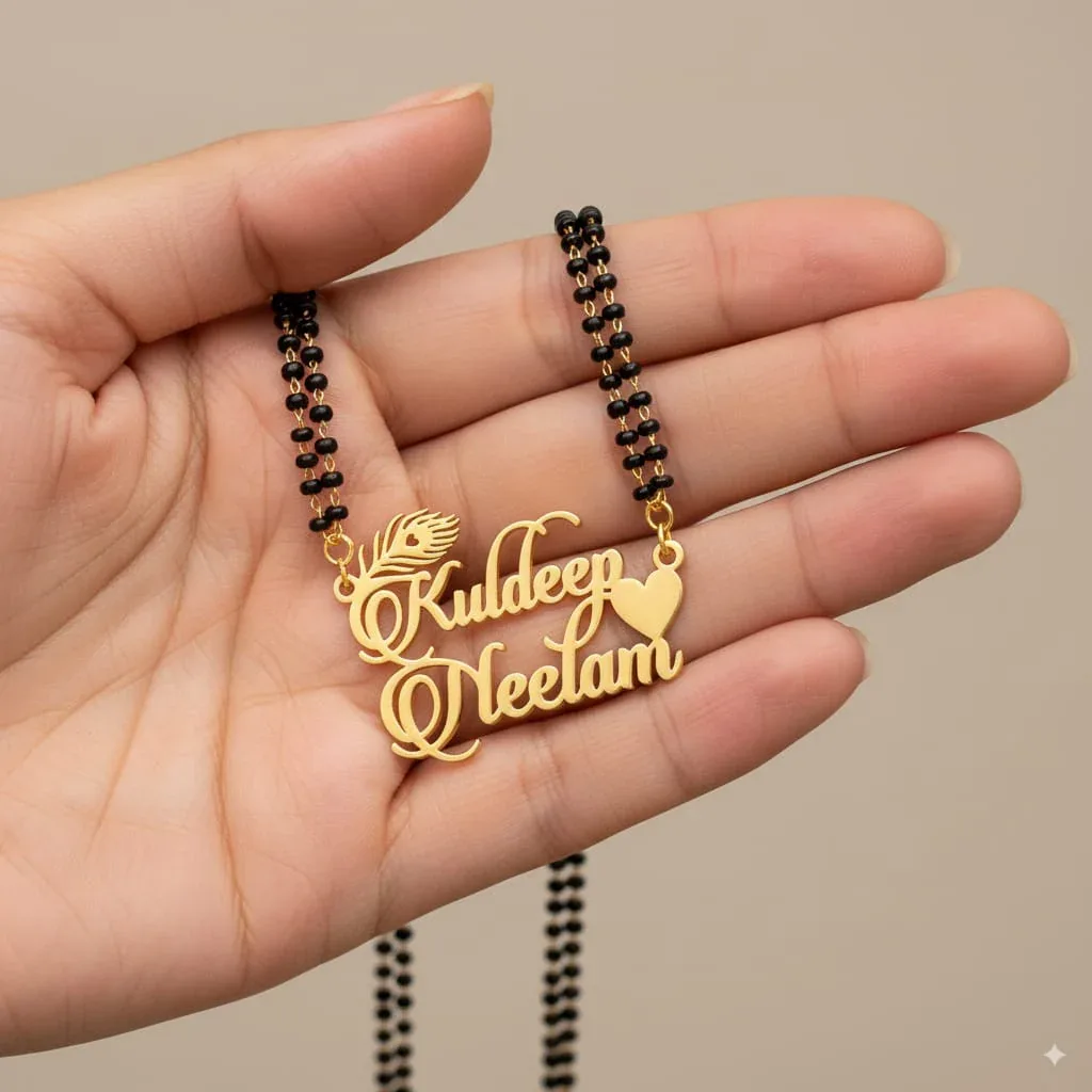 Couple Name Custom Mangalsutra with Flute & Heart Design – Personalized Gold Finish Jewelry thumbnail 1