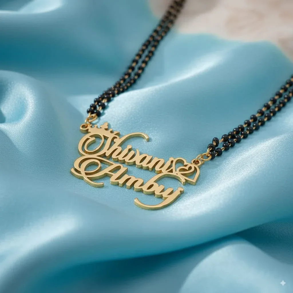 Custom Name Mangalsutra with Double Heart & Crown Design thumbnail 1