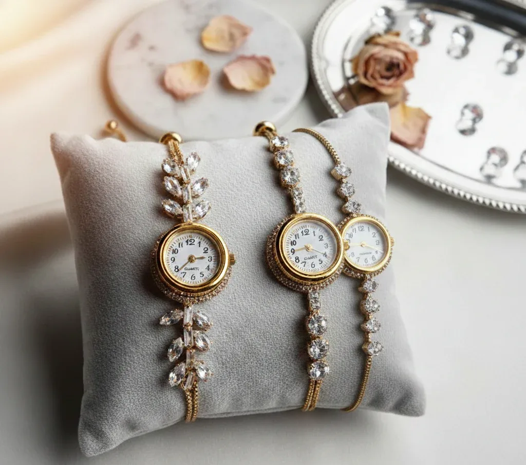 Women's Vintage-Inspired Gold Crystal Bracelet Watch Pack of 3 thumbnail 1