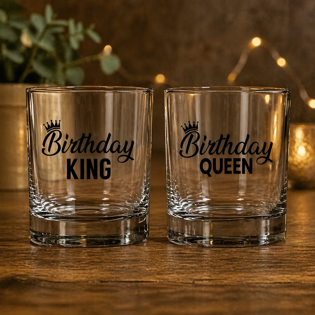 Birthday King & Queen Printed Whiskey Glasses (300 ml) | Premium Transparent Drinkware | Royal Couple Gift Set for Him & Her thumbnail 1