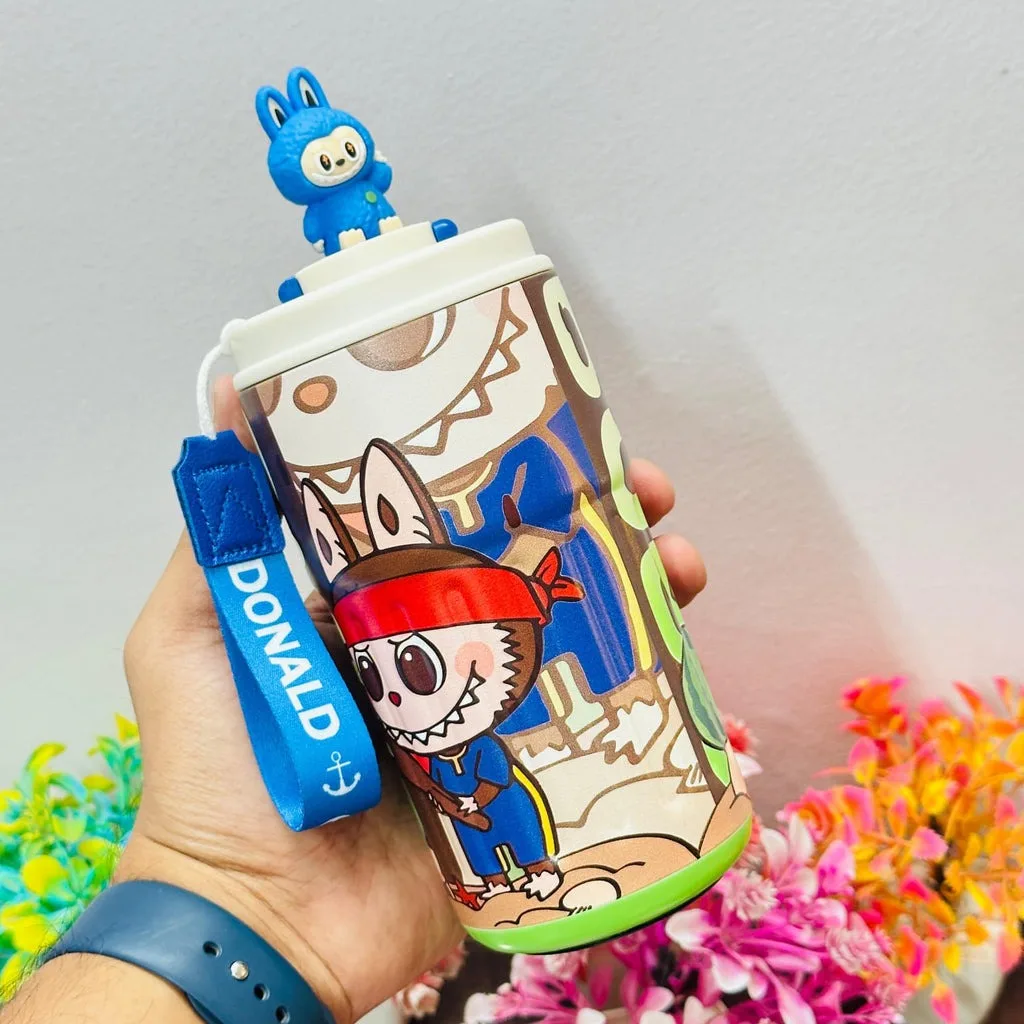 Labubu Theme 400ml Stainless Steel Insulated Coffee Mug with Lid & Hanging Belt | Inside-Out Steel | Compact Travel Mug