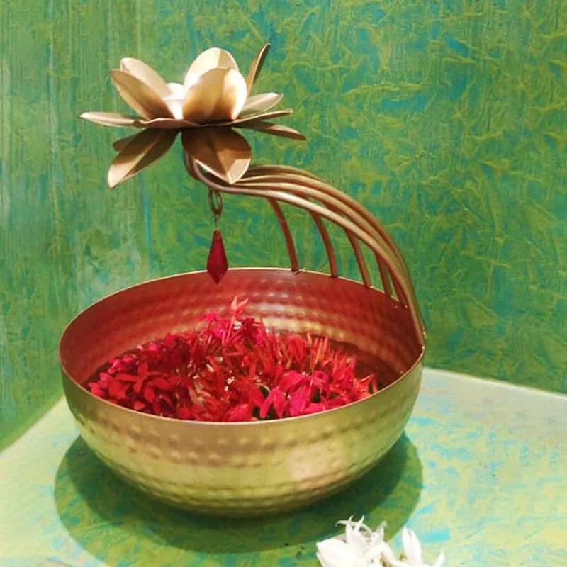 Metal Lotus Tealight Candle Holder with Base of Urli Bowl