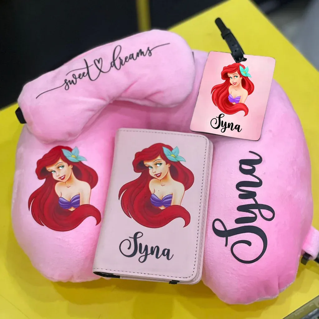 Personalized 4-in-1 Travel Essentials Set – Passport Cover, Luggage Tag, Eye Mask & Neck Pillow